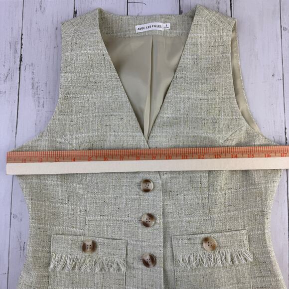 Avec Les Filles Green Textured Tweed Suit Vest Fringe Pockets V-Neck Size Small - Picture 11 of 13